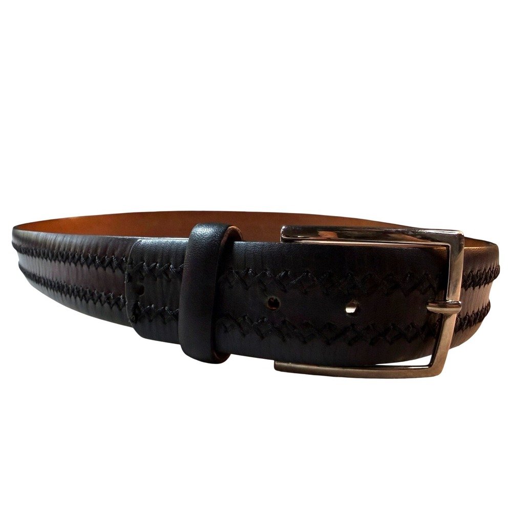 John W. Nordstrom Leather Belt Mens 40 Black Whipstitch Italy Designer‎ Preppy